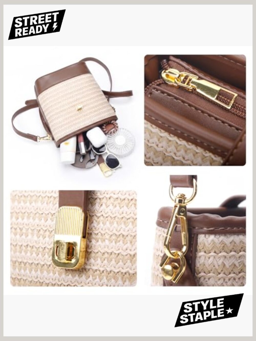 Natural Straw Crossbody Bag with Twist Lock, Woven Summer Handbag for Women - Picture 6 of 7